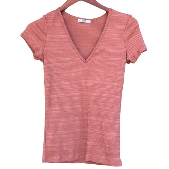 Zara Tops - Zara Ribbed V Neck Top Dusty Terracotta Short Sleeve Fitted Tee S